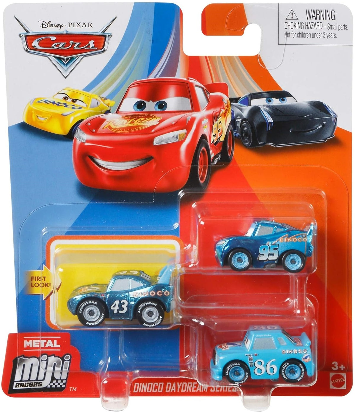 Disney Cars Mini Racers - Metallic The King / Metallic Dinoco Lightning McQueen / Metallic Dinoco Chick Hicks